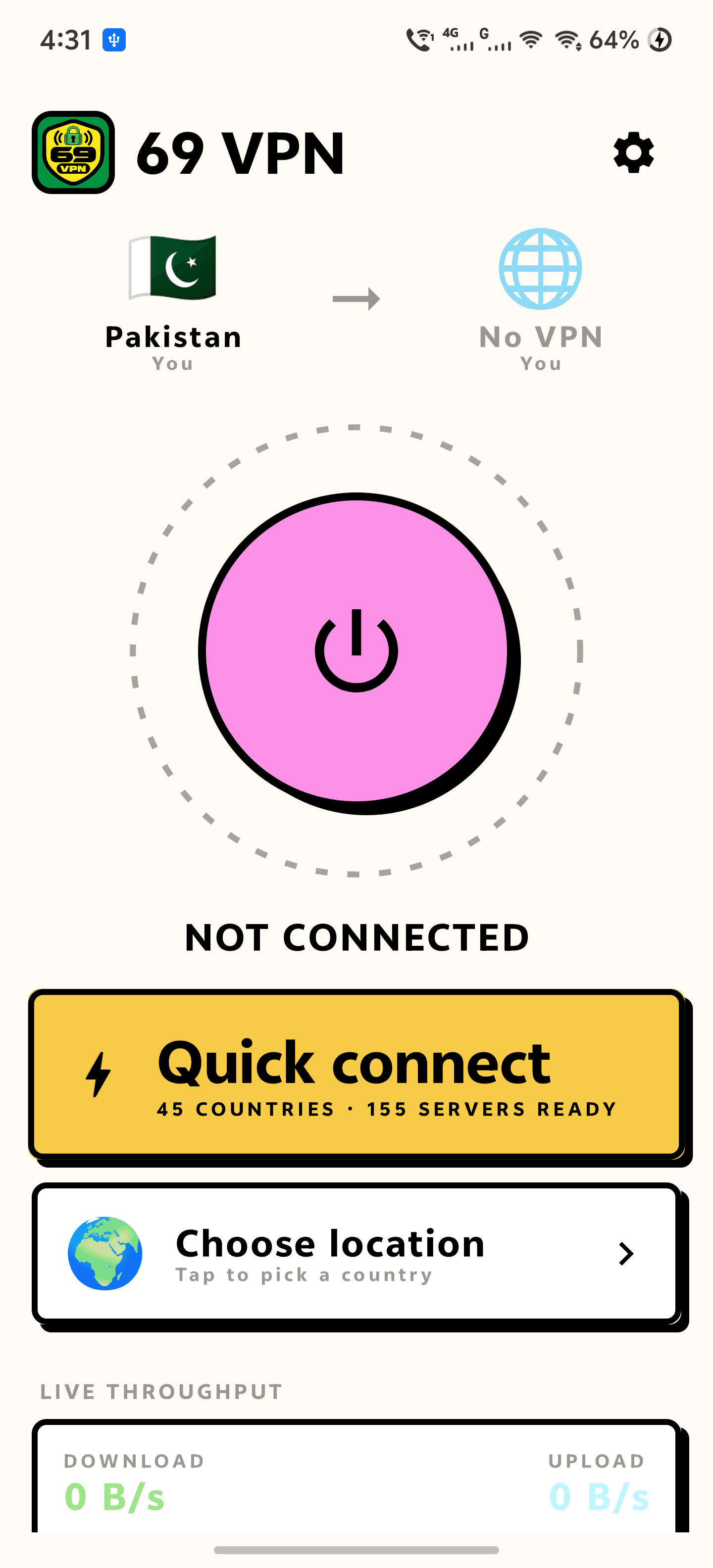 The home screen with quick connect and the location picker