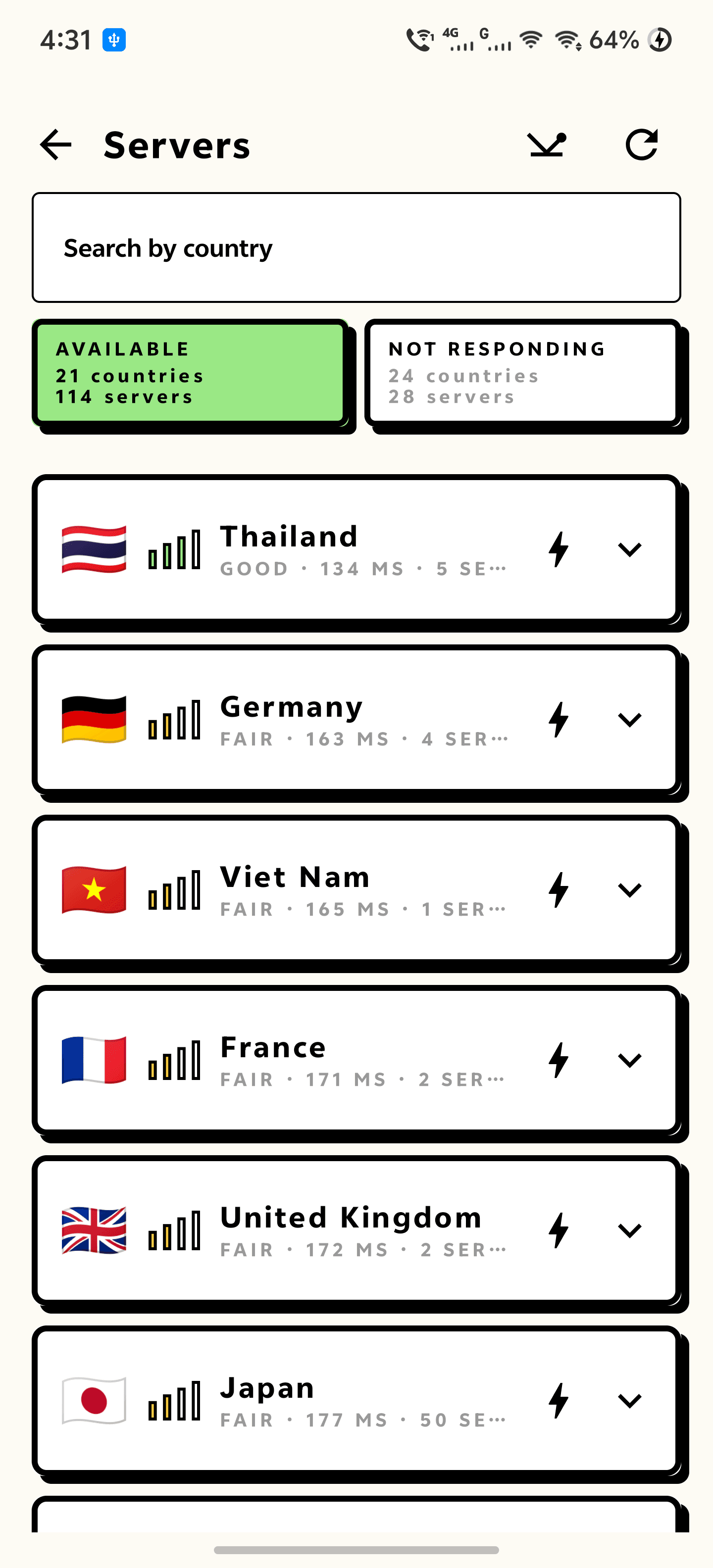 The country list split into servers answering now and servers that are not