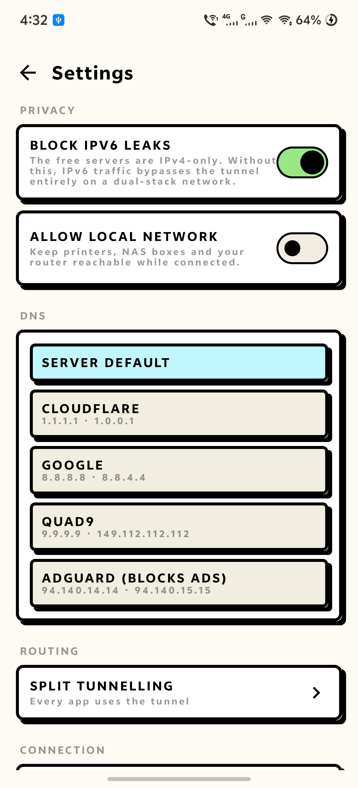 Settings showing DNS choices, leak blocking and the kill switch
