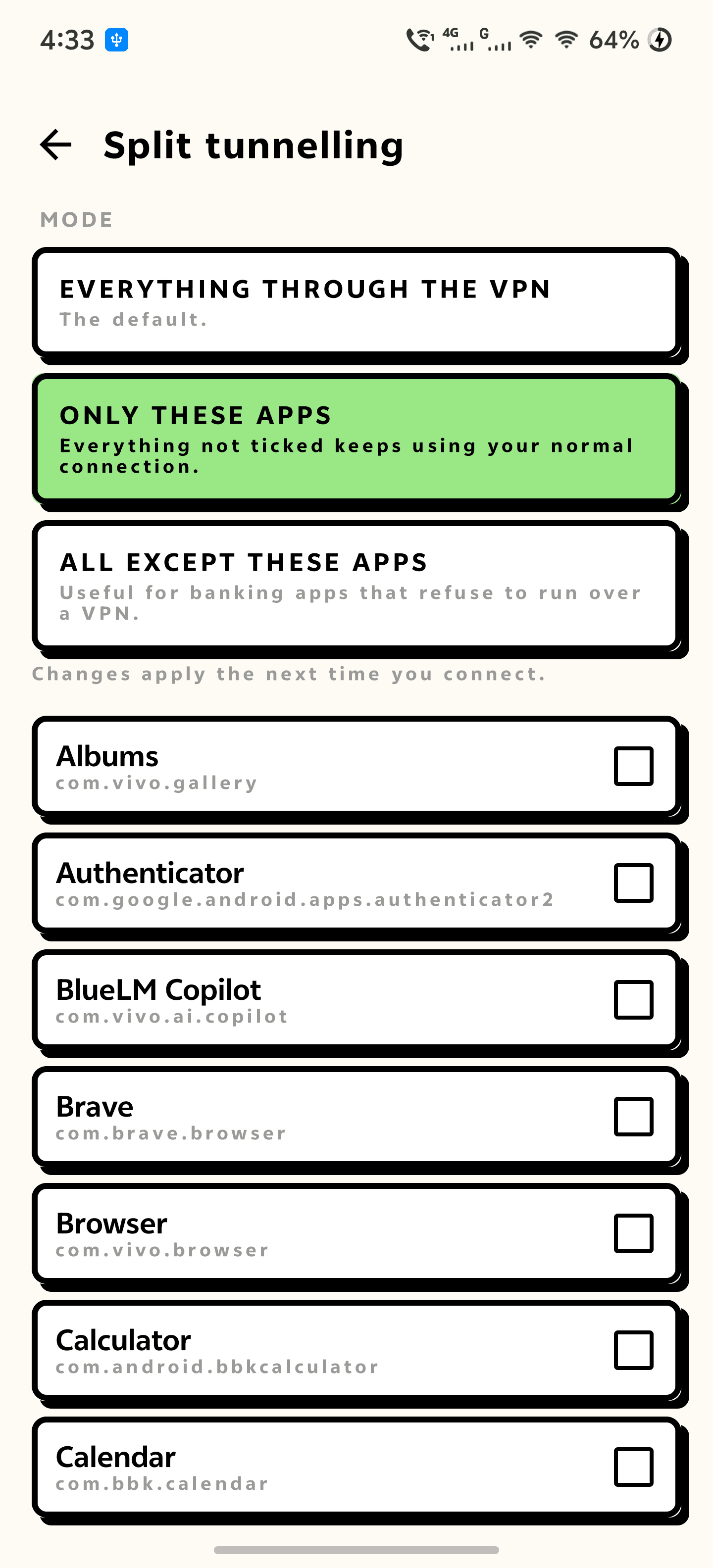 Choosing which apps are routed through the tunnel