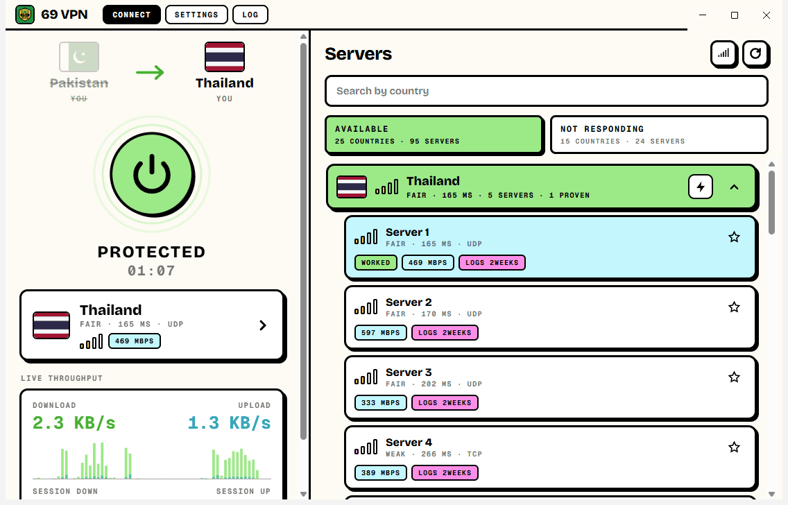 A country opened to show its servers, each with signal bars, latency and declared logging