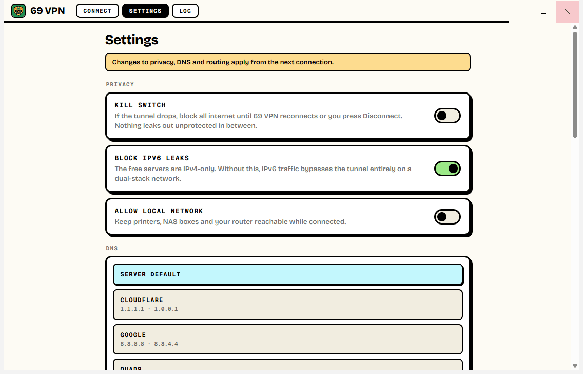 Settings showing the kill switch, leak blocking, DNS choices and split tunnelling