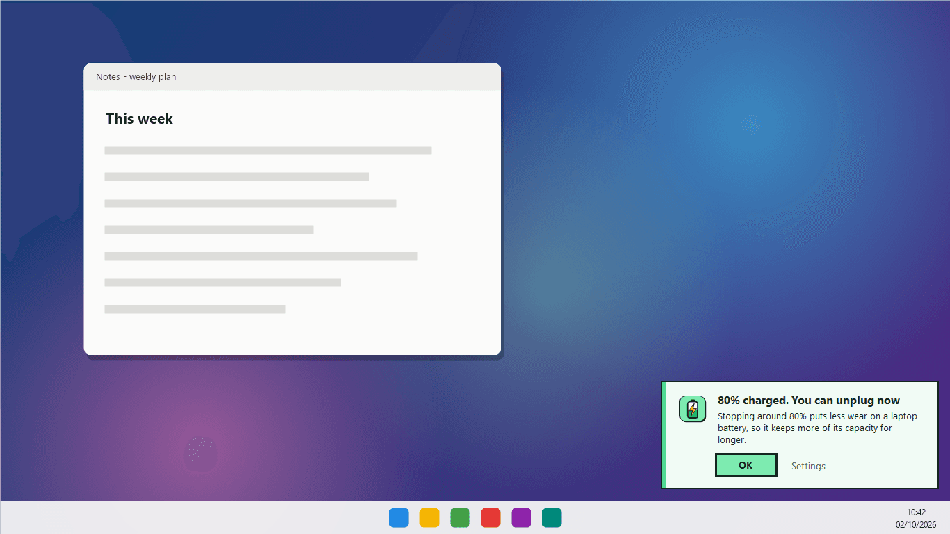 A small card in the corner of the screen: 80% charged. You can unplug now