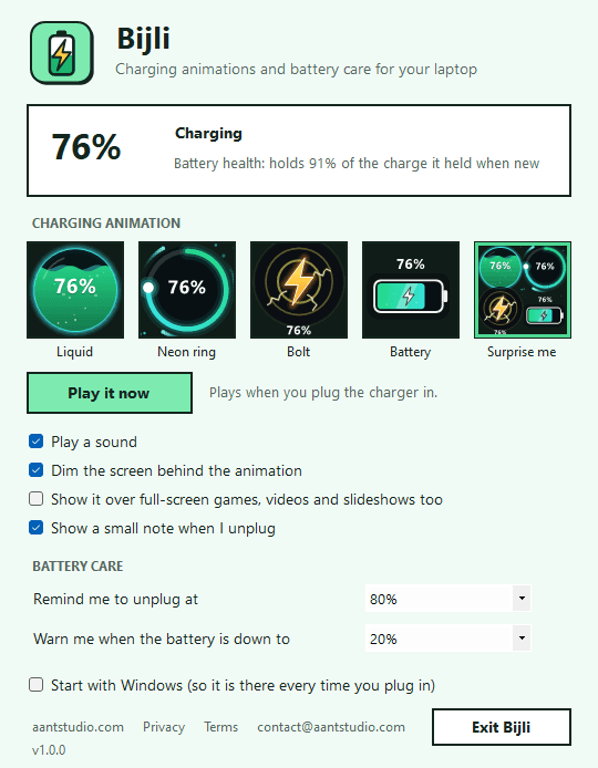 The Bijli window with the battery level, styles and reminders