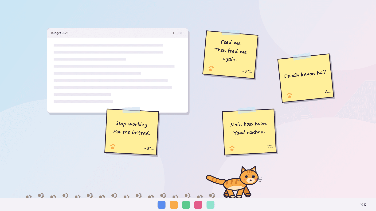 Four sticky notes on the screen, two in Roman Urdu, with a trail of muddy paw prints and a cat running along the taskbar