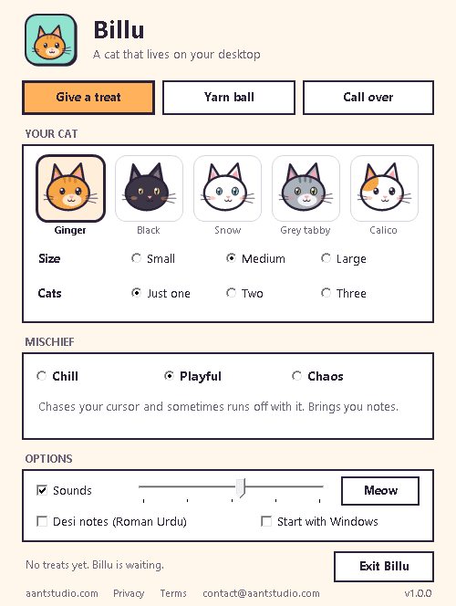 The Billu settings window with the five coats, size, number of cats, mischief level and sound options