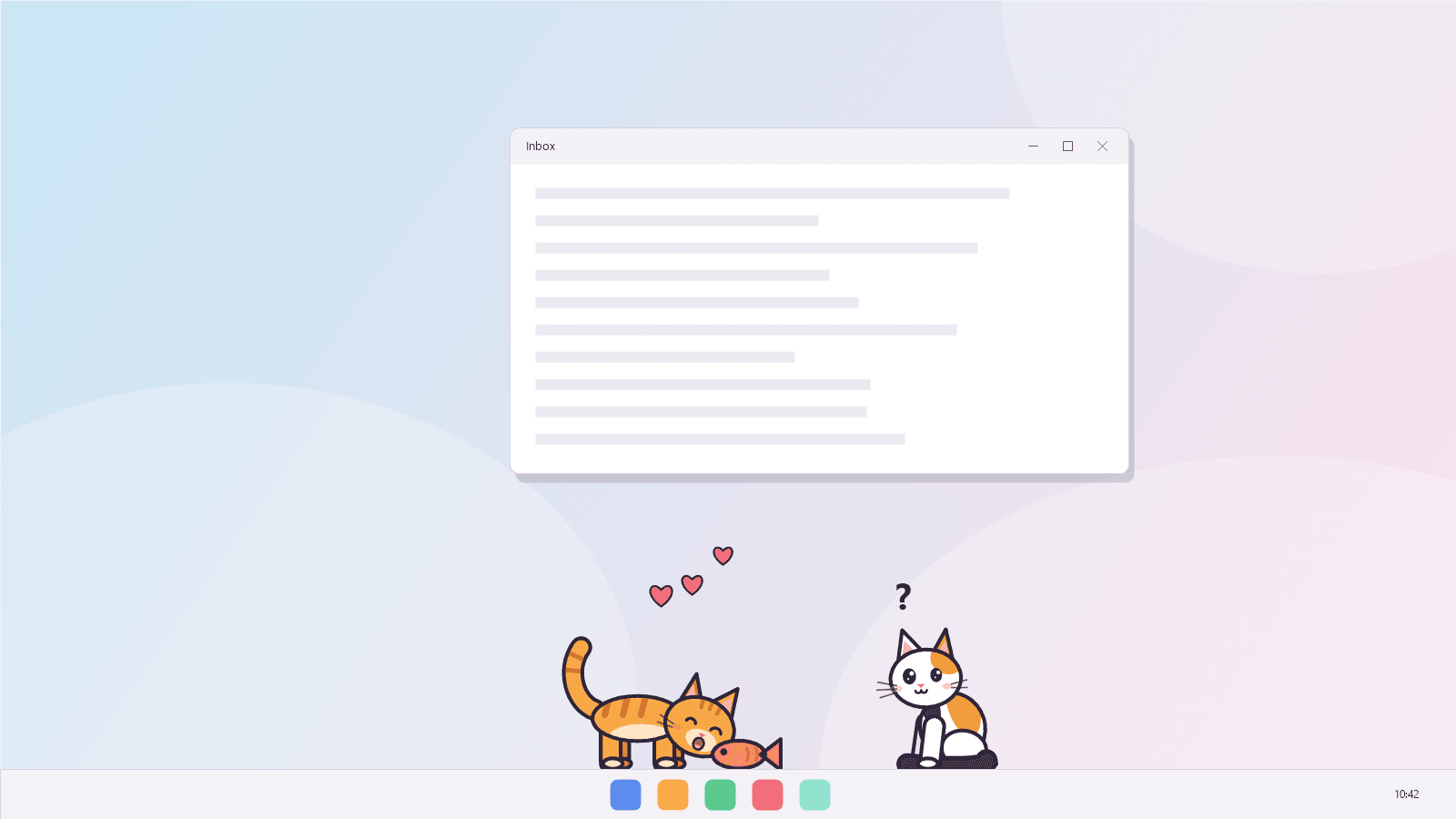 A ginger cat eating a fish treat on the taskbar with hearts floating up, while a calico cat watches