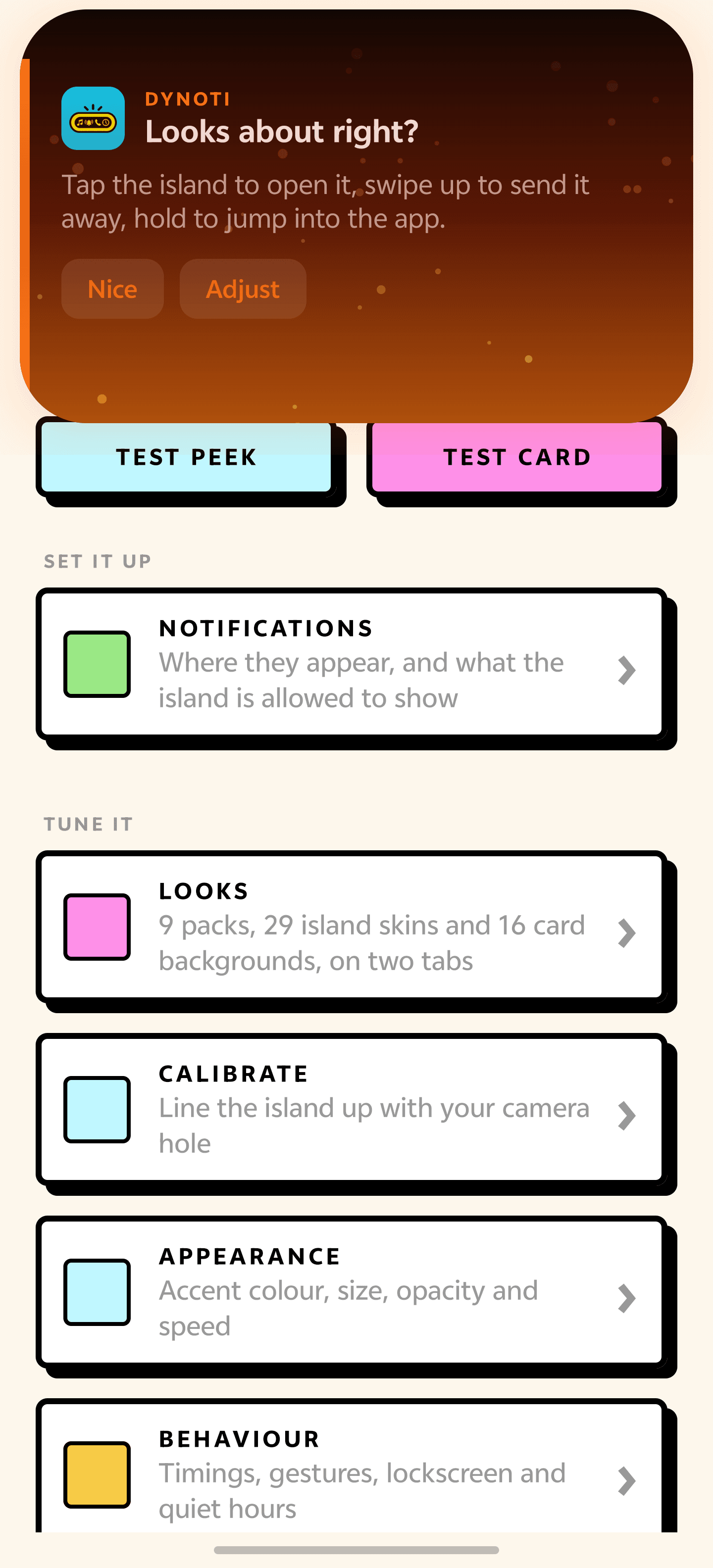 The island opened into a card with the message and two action buttons