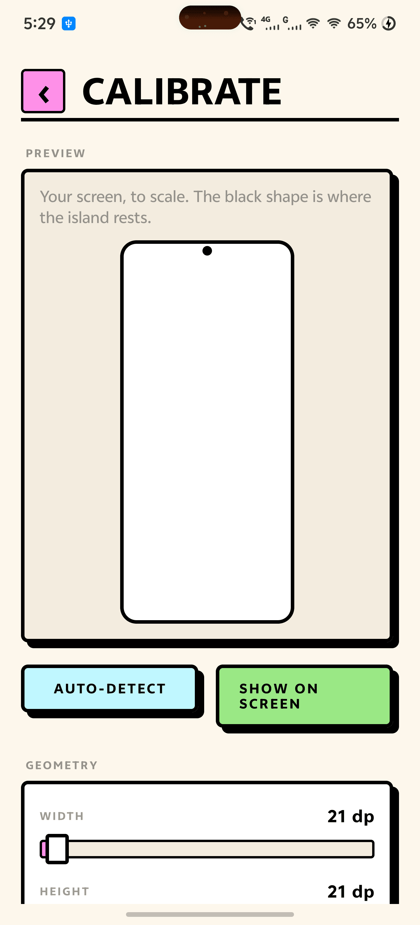 The calibration screen for lining the island up with the camera hole