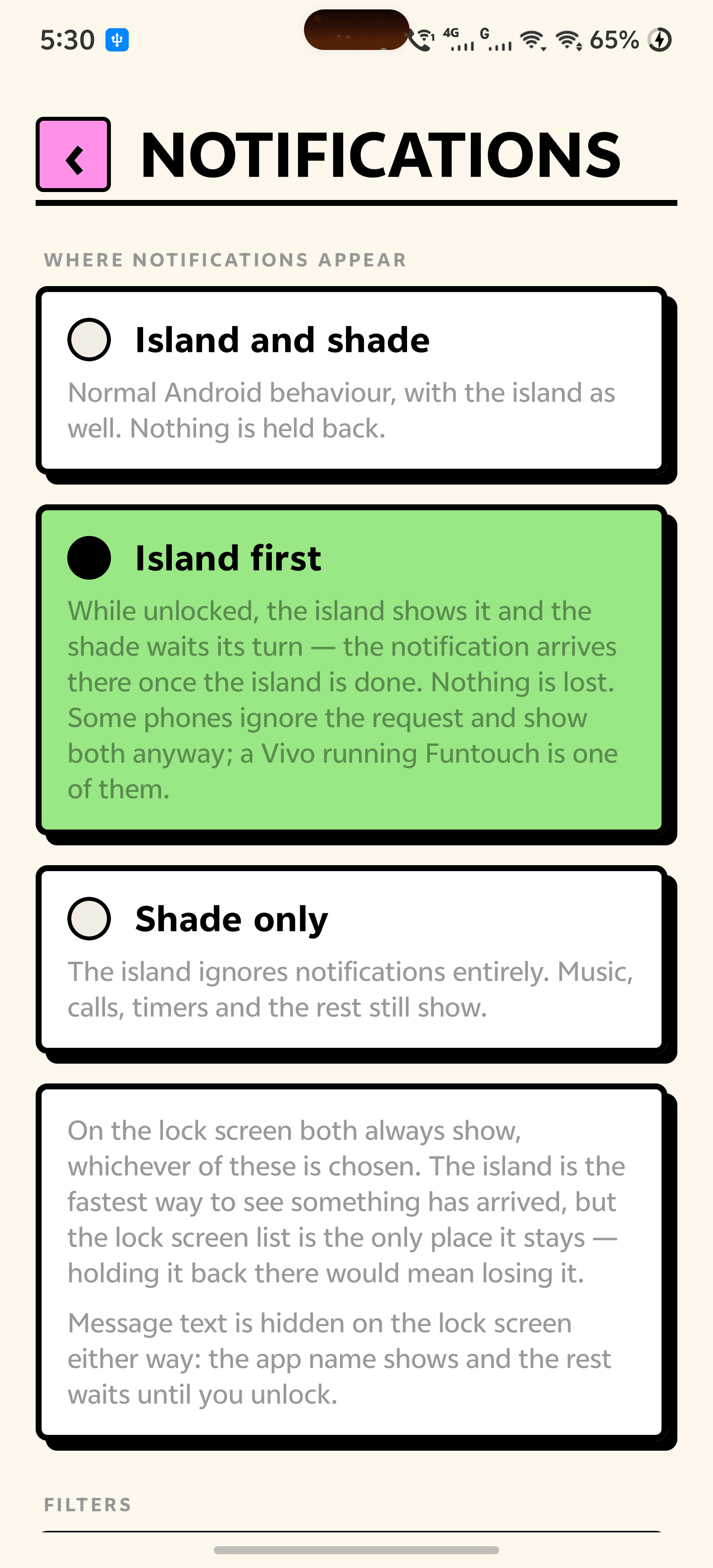 Choosing whether notifications appear on the island, the shade, or both