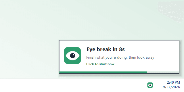 The EyeBreak heads-up card counting down to the break, above the taskbar