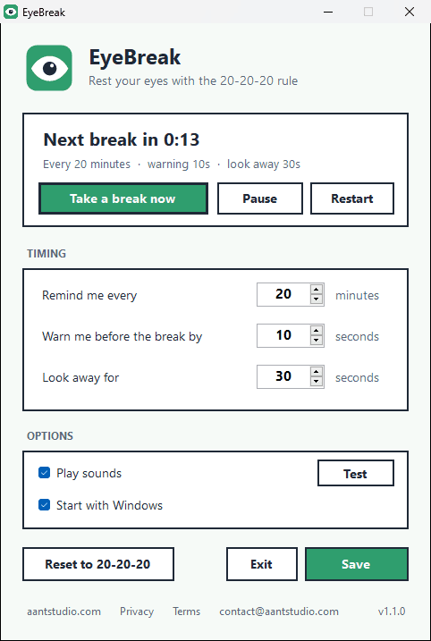 The EyeBreak settings window with the timing and sound options
