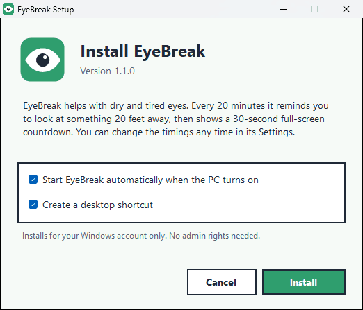 The EyeBreak installer with the start-automatically option ticked
