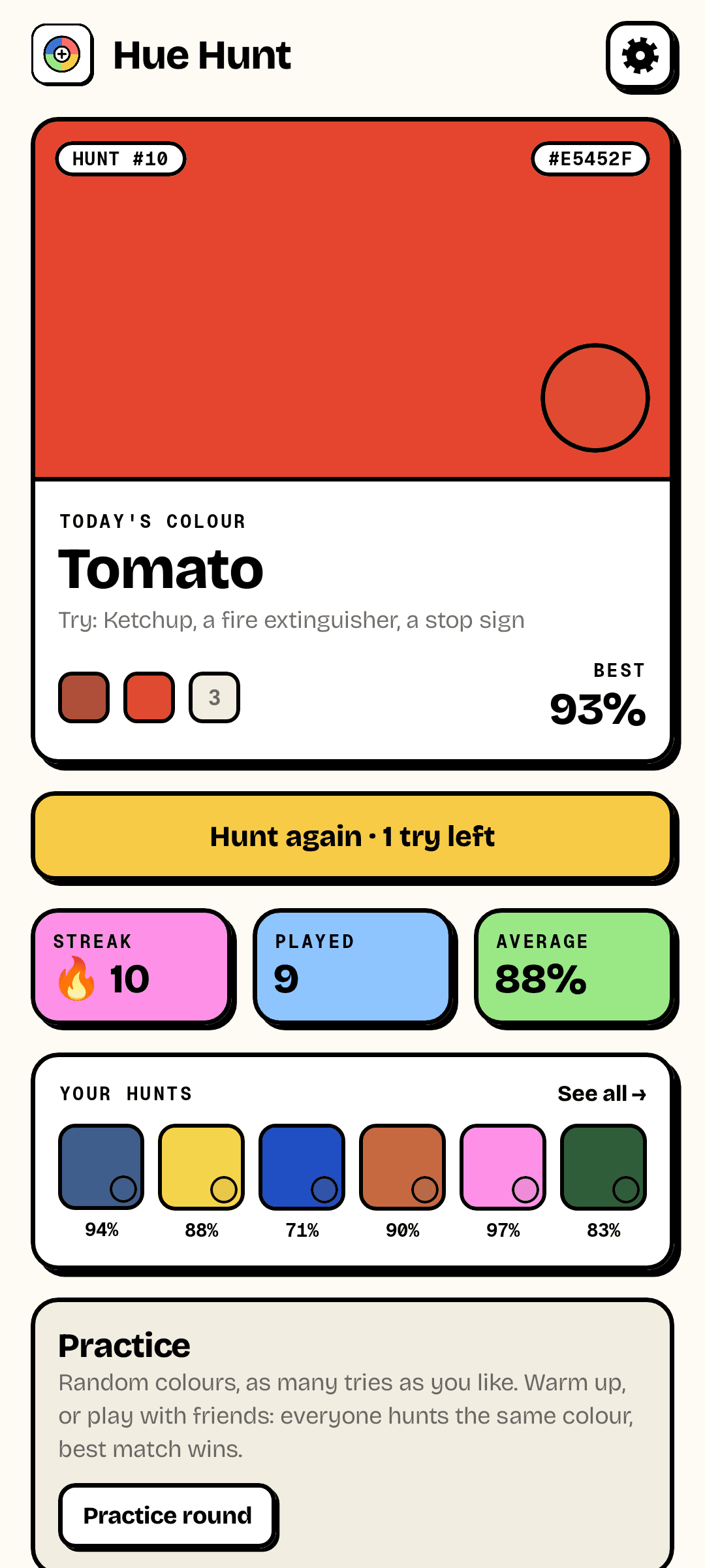 The home screen: today's colour, two tries used, best 93%, a streak of 10