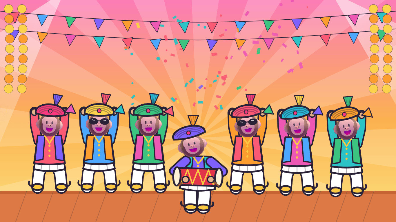 Monkeys dancing bhangra in kurtas and pagris with a dhol