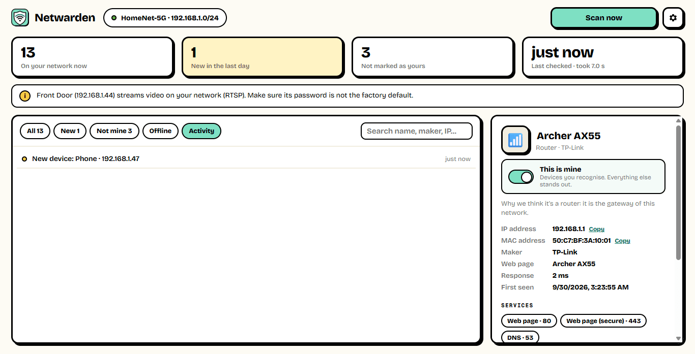 The activity list showing a new device joining the network