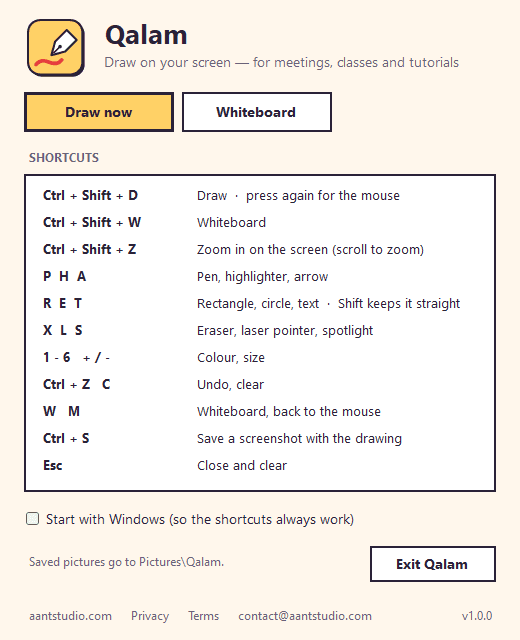 The Qalam window with every shortcut