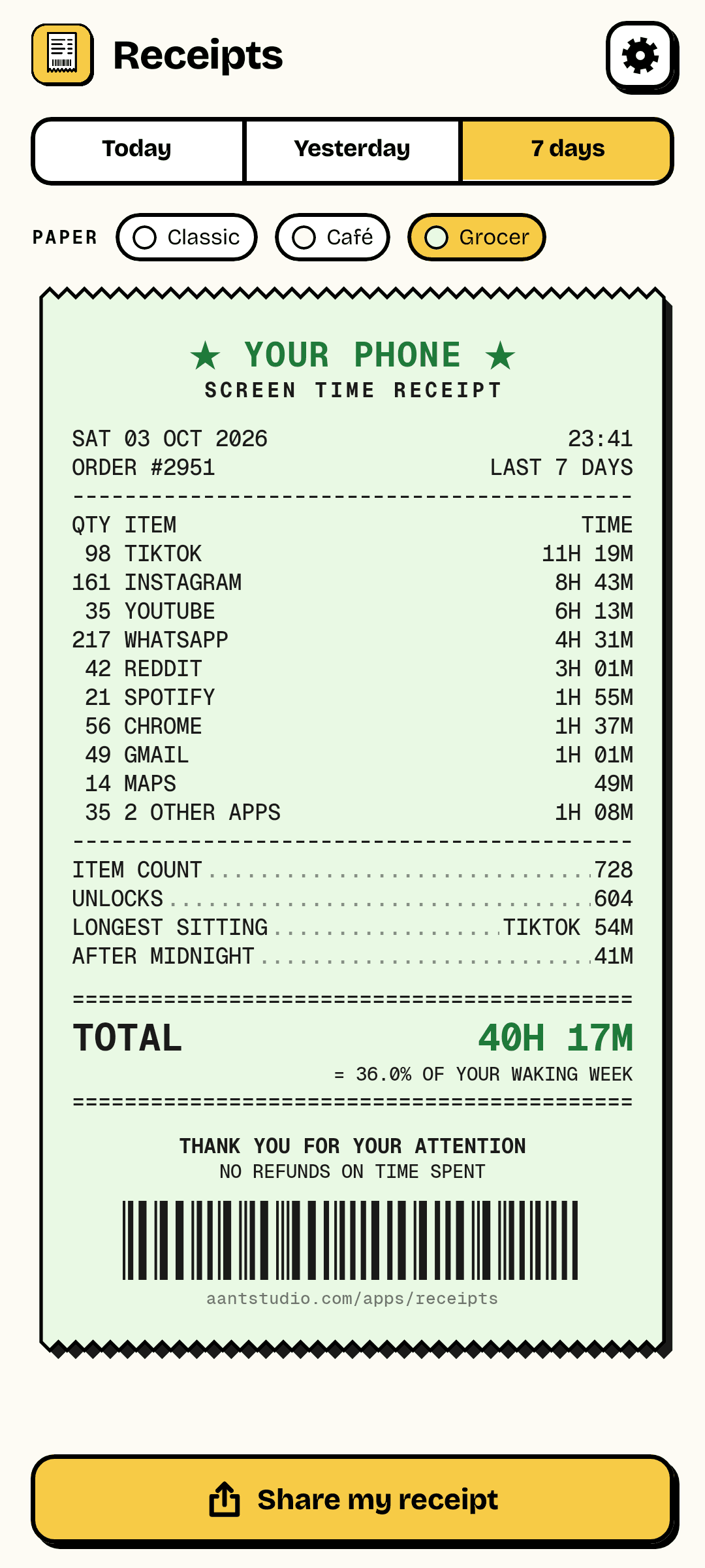 A week's receipt on green paper: total 40h 17m