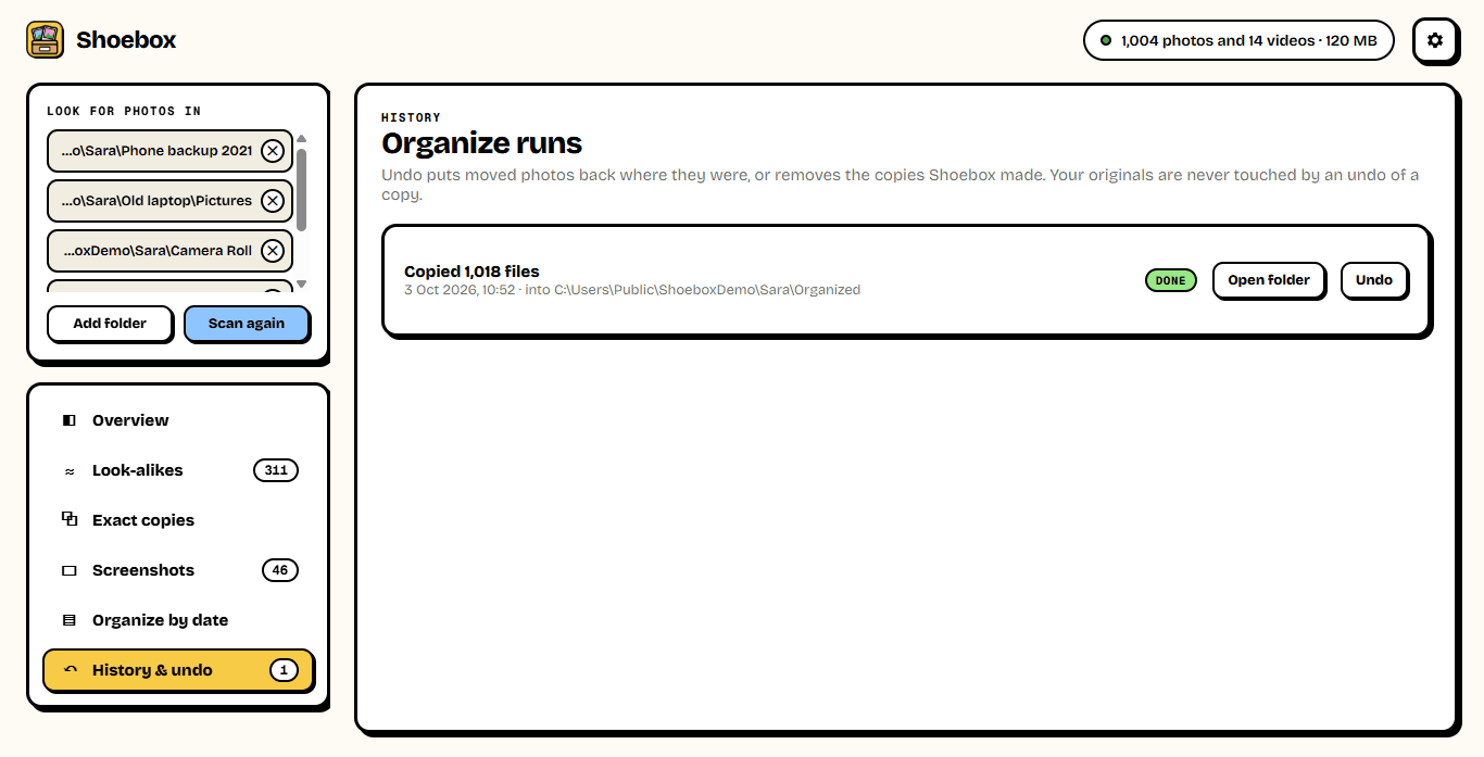 An organize run with an Undo button