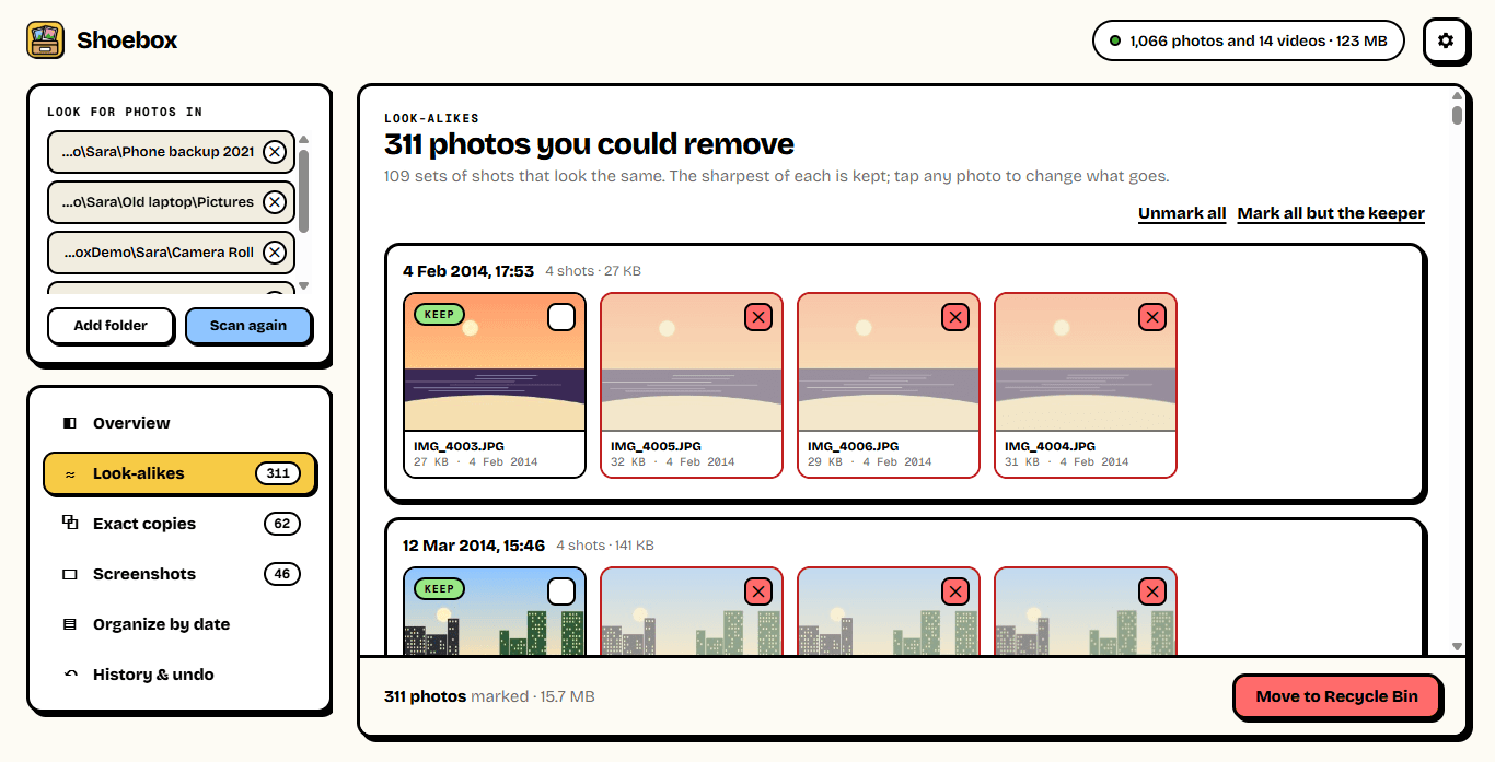 Sets of near-identical photos; the sharpest of each is marked Keep and the rest are marked for the Recycle Bin