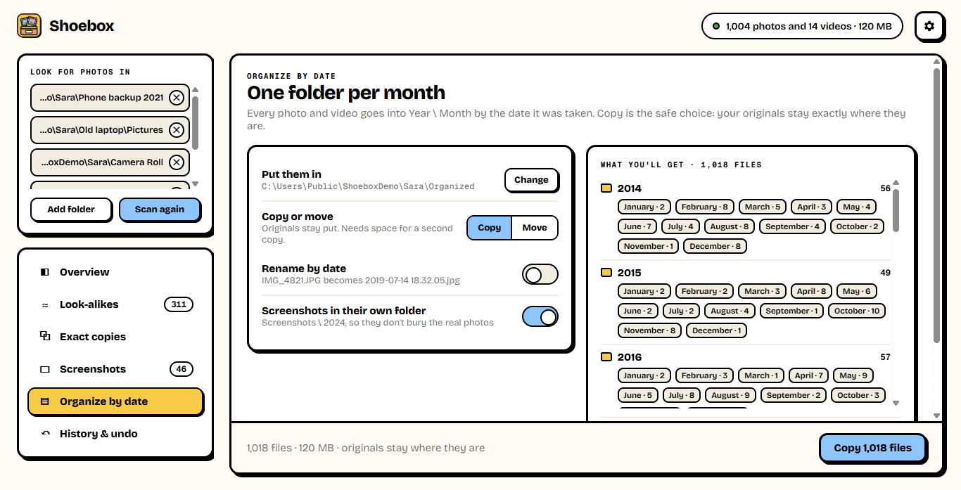 The Organize screen: copy or move, rename by date, screenshots in their own folder, and a preview of the year and month folders