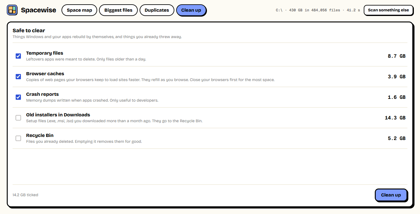 The Clean up list: temporary files, browser caches, crash reports, old installers and the Recycle Bin with their sizes