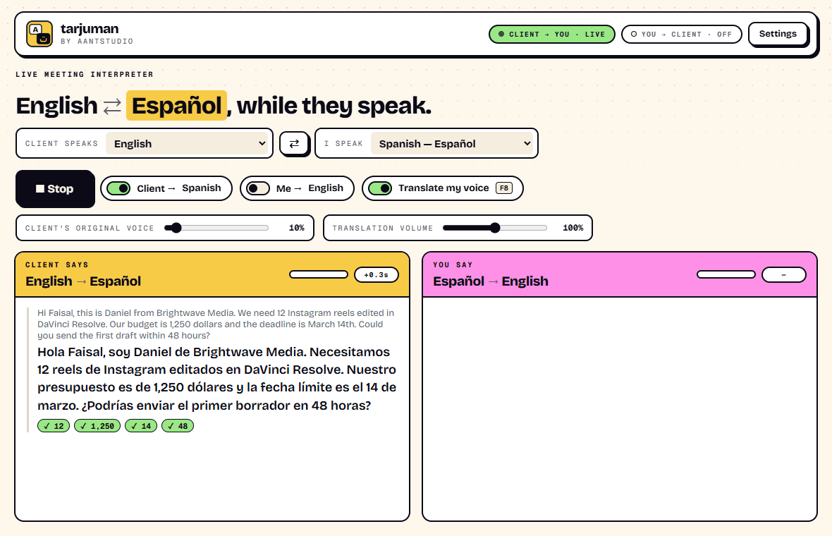 Tarjuman translating an English client into Spanish