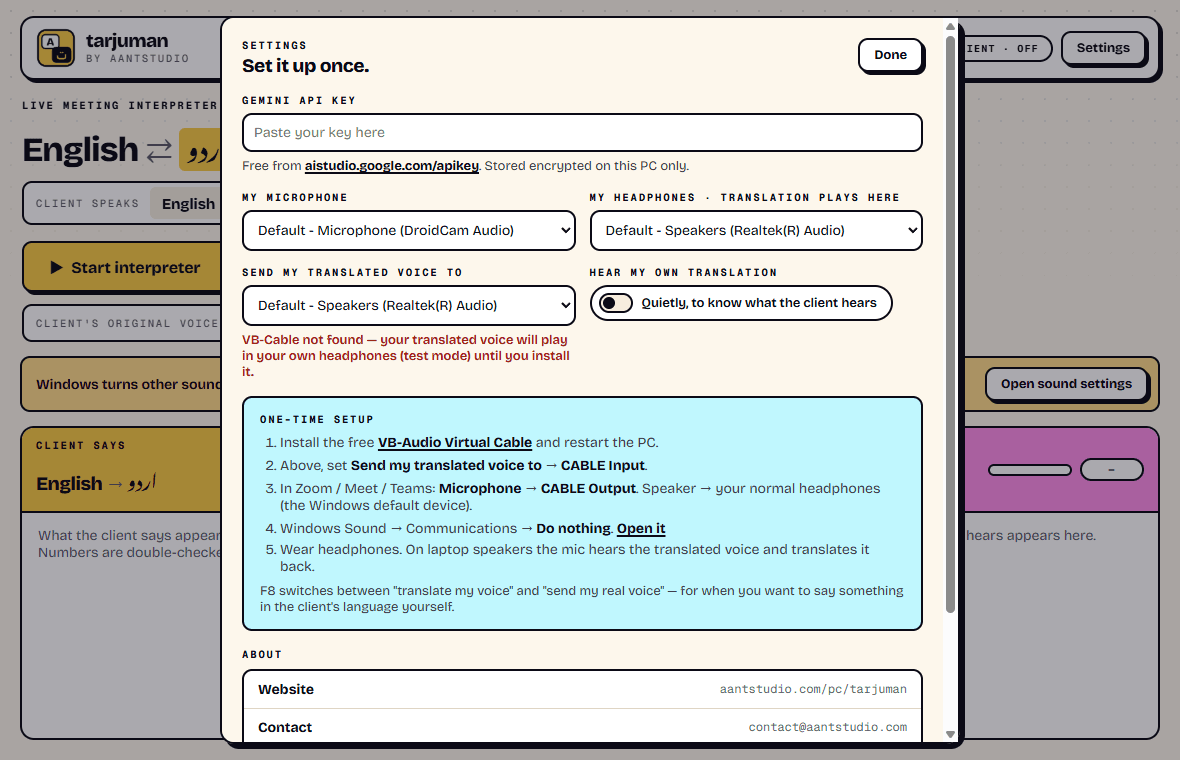 Tarjuman settings: API key, microphone, headphones and the virtual cable, with the one-time setup steps