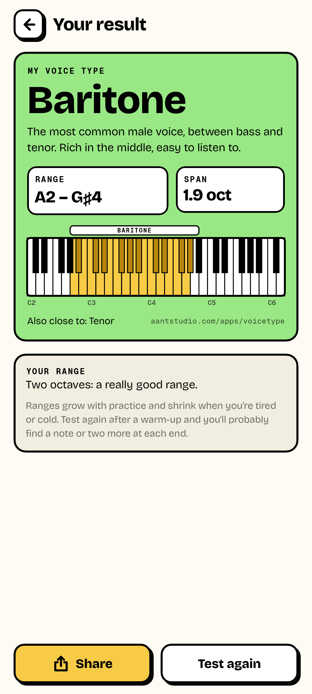 Result: Baritone, A2 to G sharp 4, 1.9 octaves