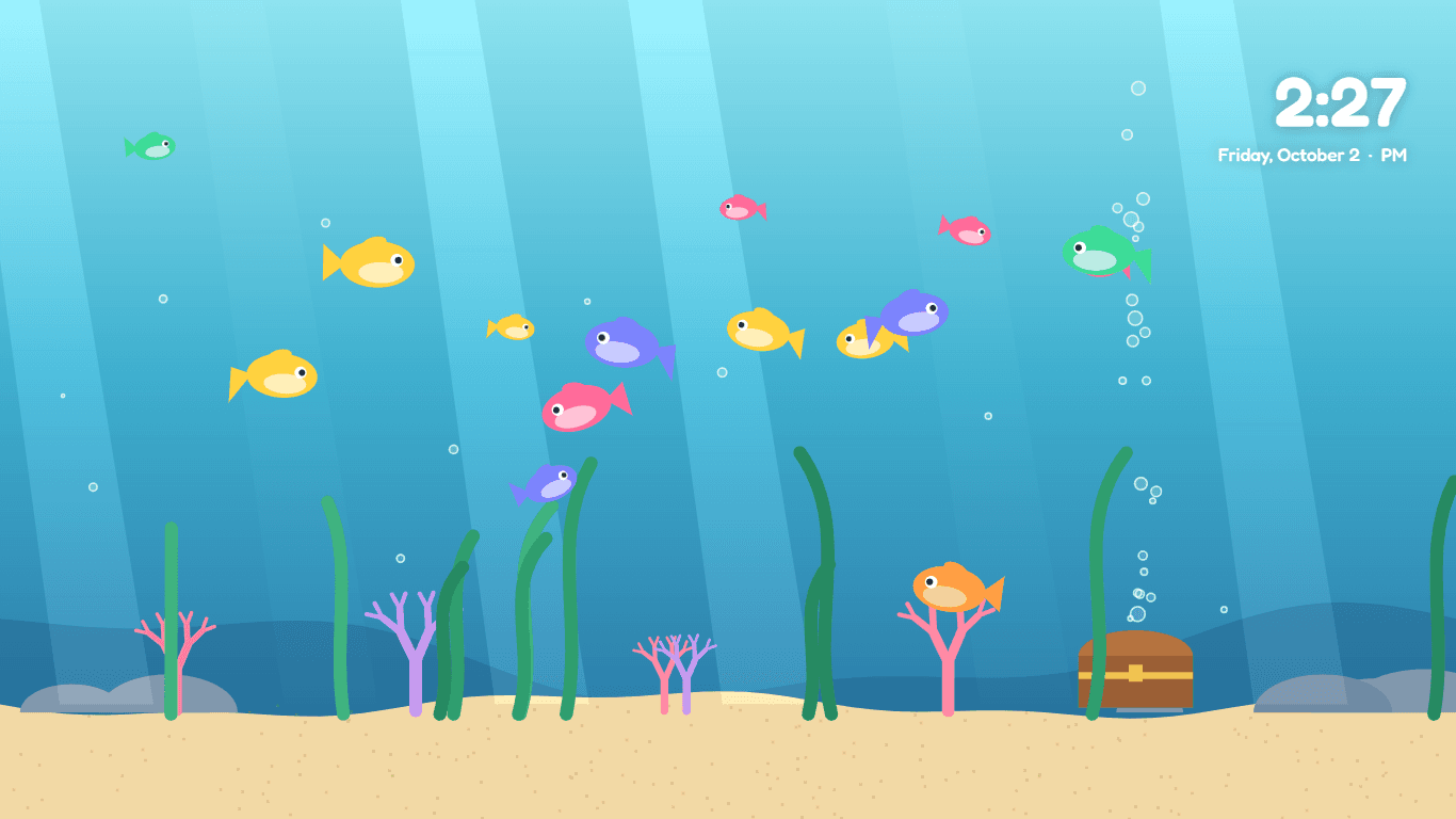 The aquarium scene: colourful fish, coral, seaweed, bubbles from a treasure chest and light rays through the water
