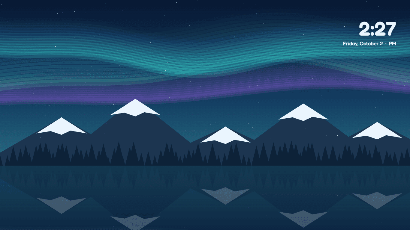 The aurora scene: green and violet northern lights over snowy mountains and a still lake