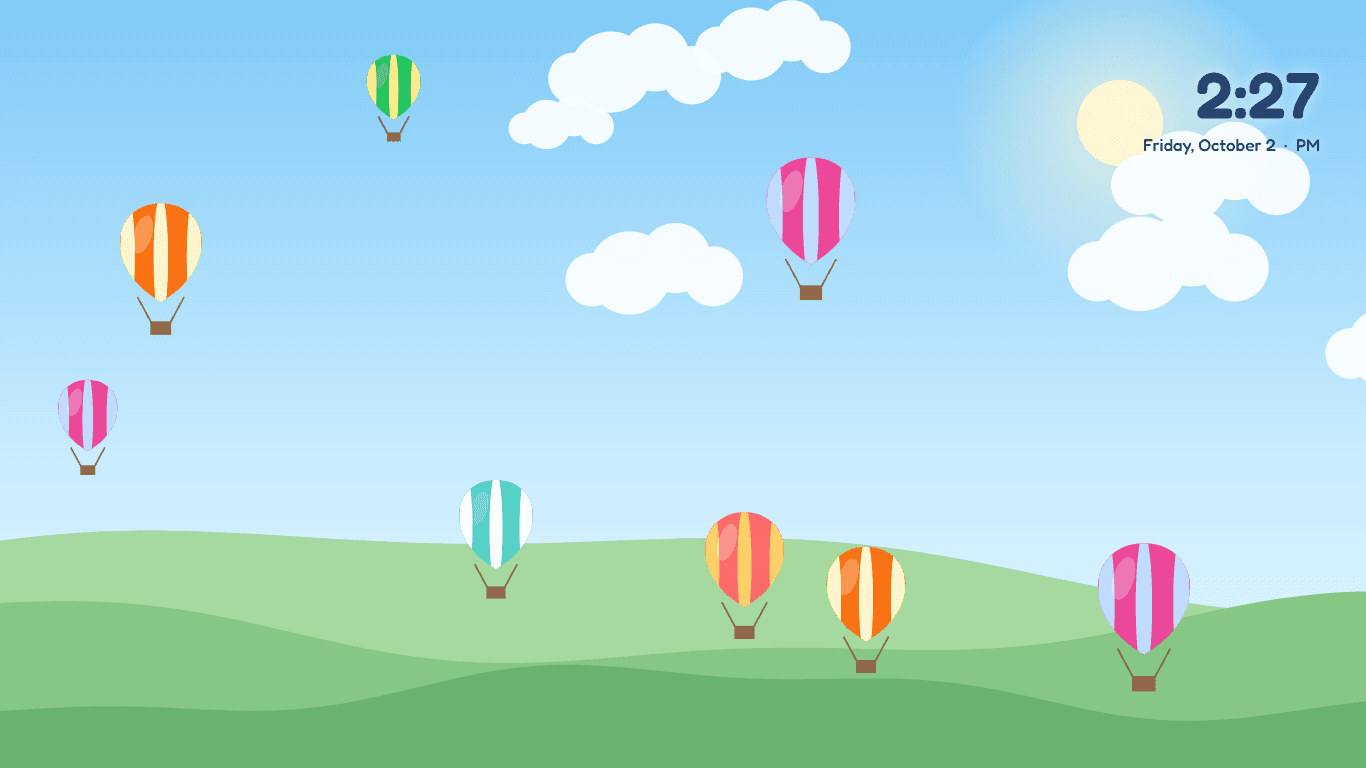 Hot air balloons over green hills