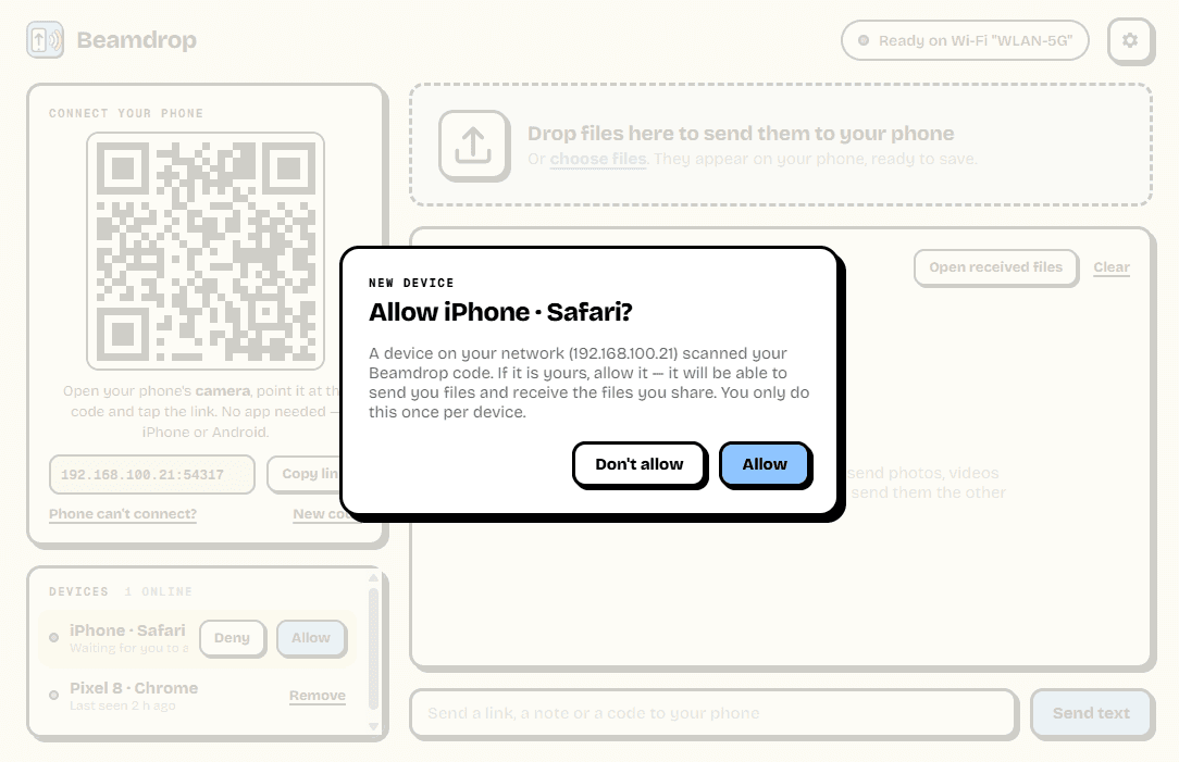 Beamdrop asking whether to allow an iPhone that scanned the code