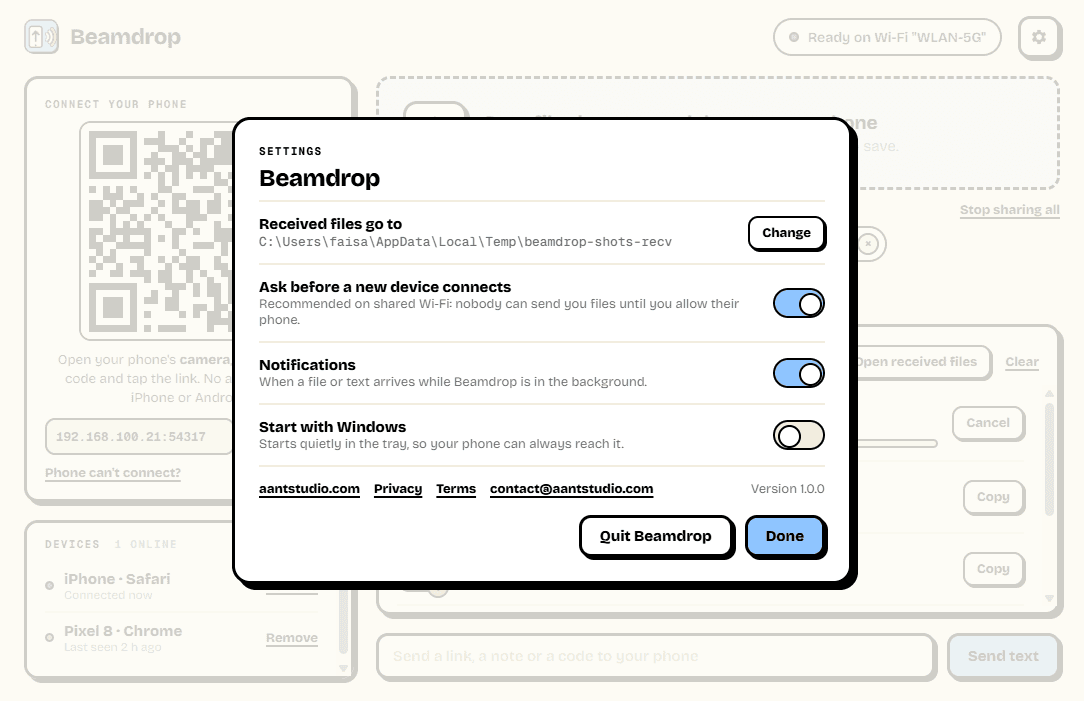 Beamdrop settings