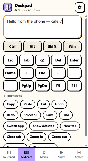 Deskpad's keyboard tab: a text box, Ctrl Alt Shift Win, arrow keys and shortcut buttons
