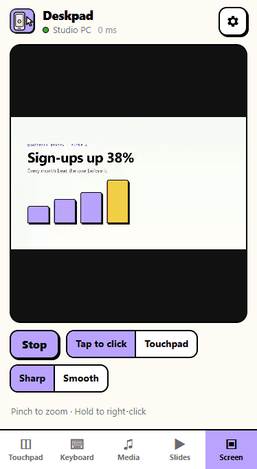 A presentation slide on the PC shown live on the phone, with Tap to click and Touchpad modes