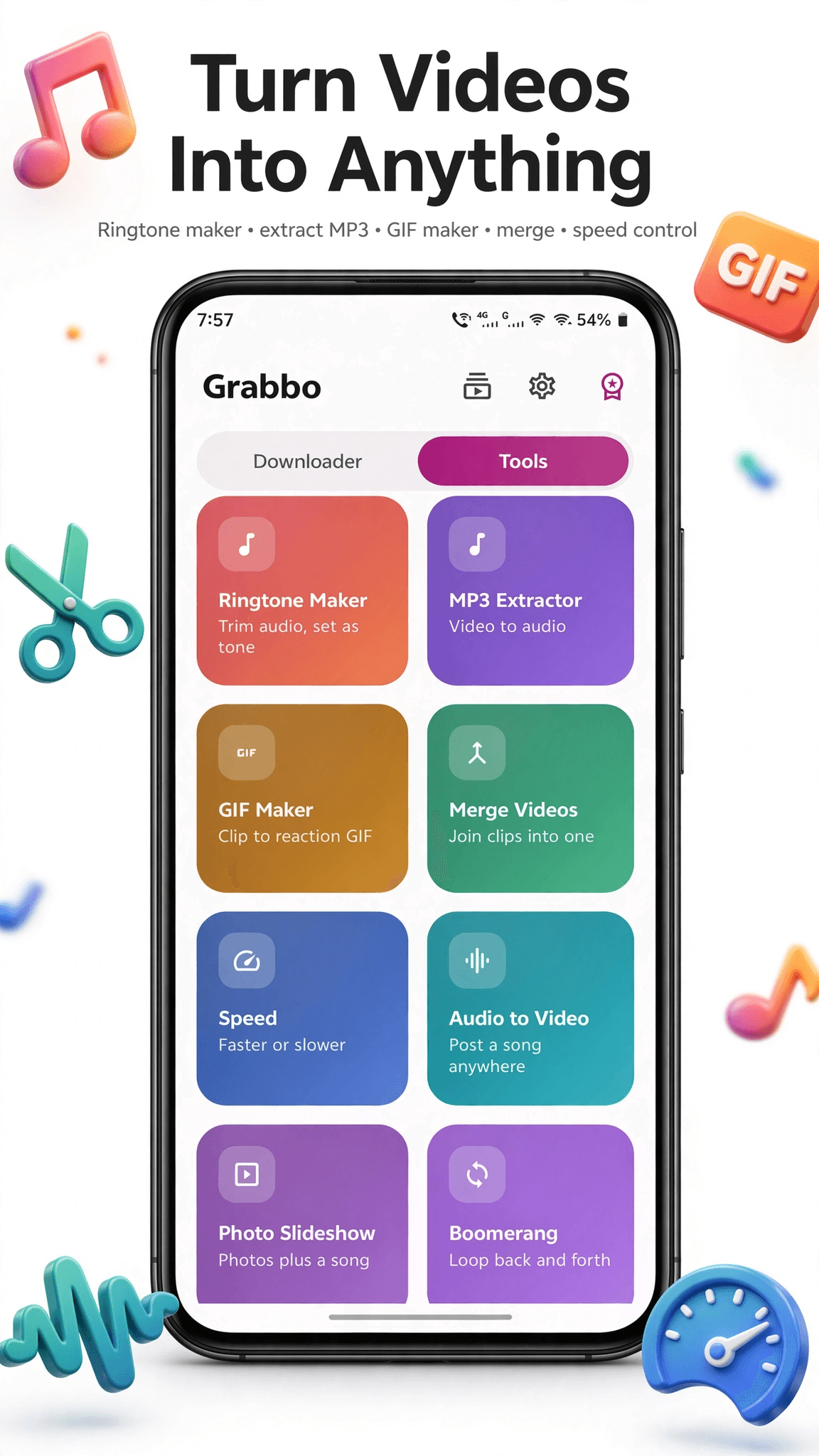 Ringtone maker, MP3 extractor, GIF maker, merge, speed and slideshow
