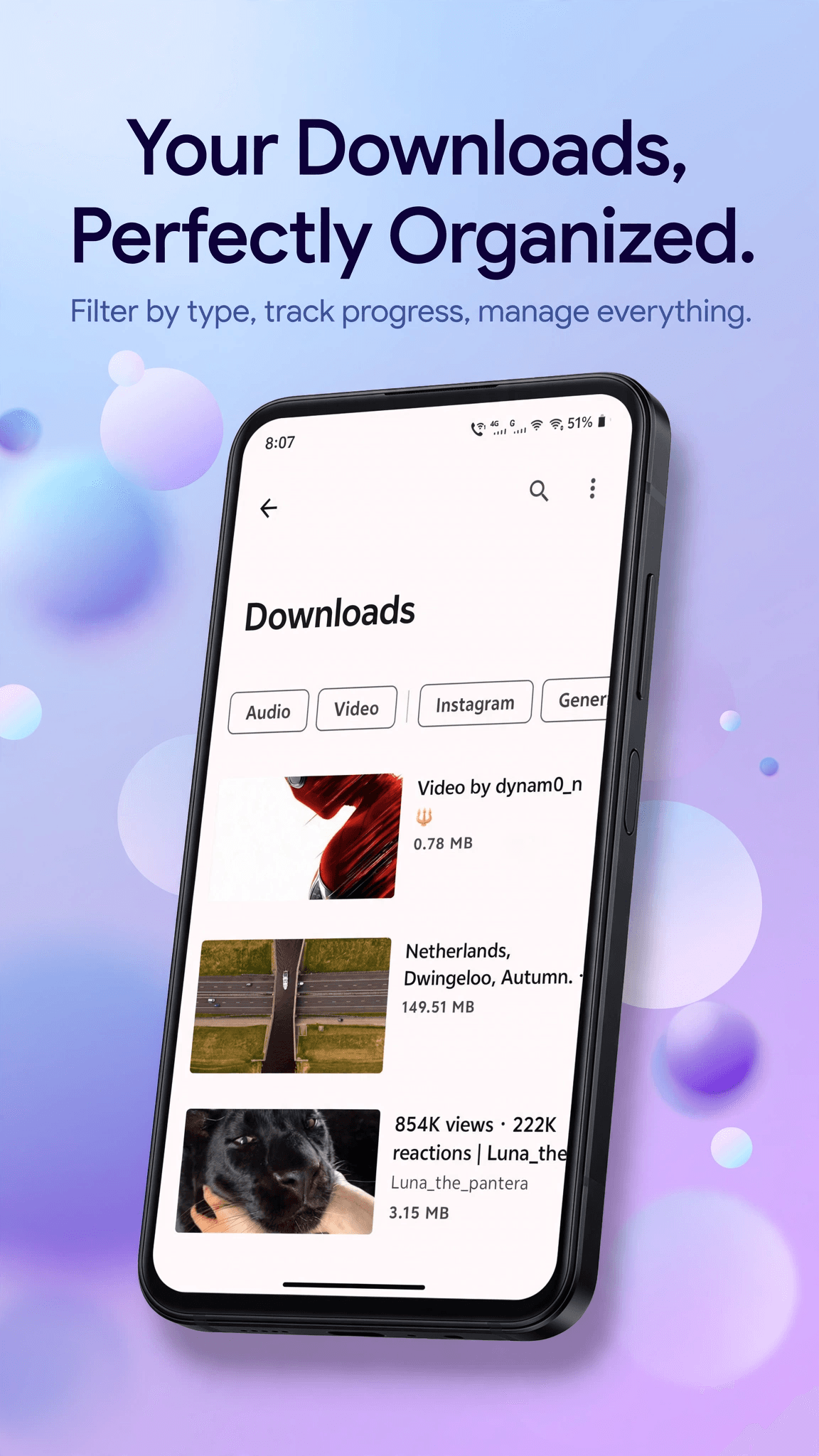 The downloads library, filtered by type