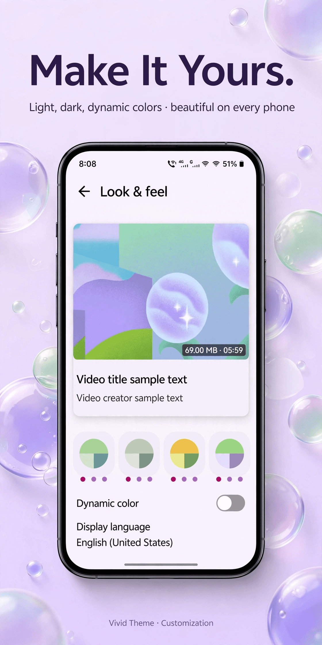 Look and feel settings with light, dark and dynamic colour themes