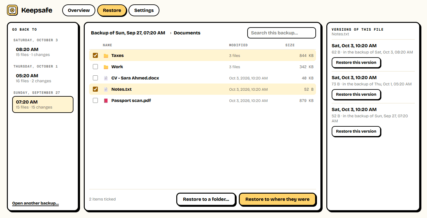 The restore screen: a timeline of backups, the Documents folder of the oldest one, and three versions of Notes.txt