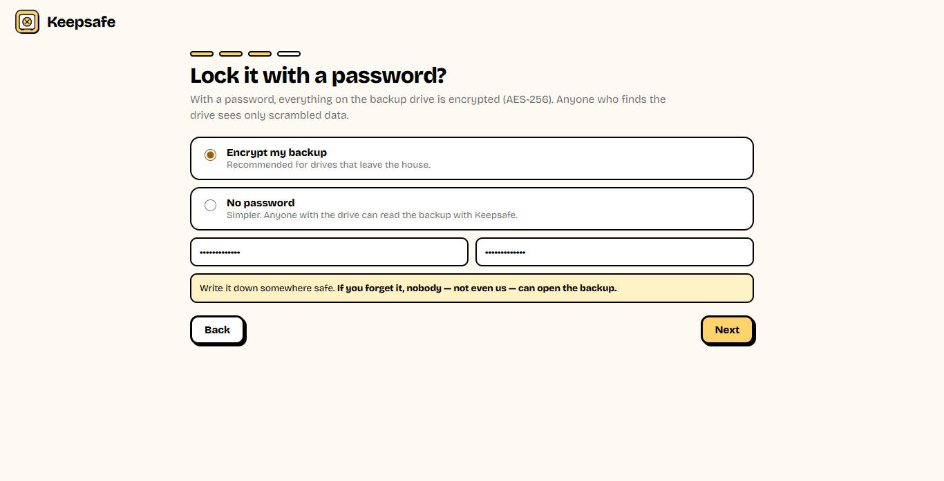 The setup step for protecting the backup with a password