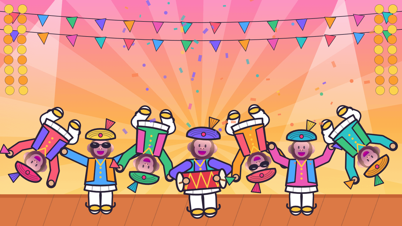 Monkey dancers doing backflips while others clap