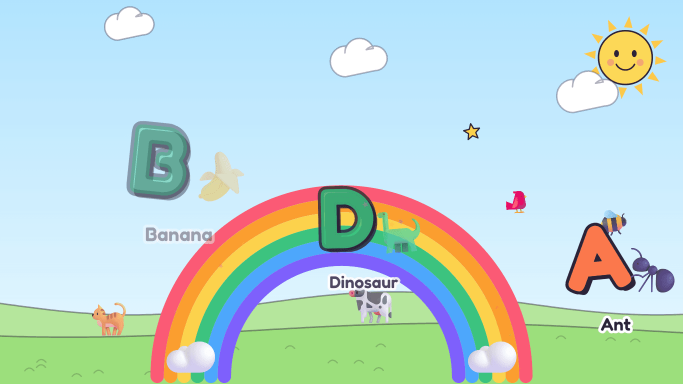 KeyPop on the farm: big letters with a dinosaur, an ant and a banana, a rainbow and a smiling sun