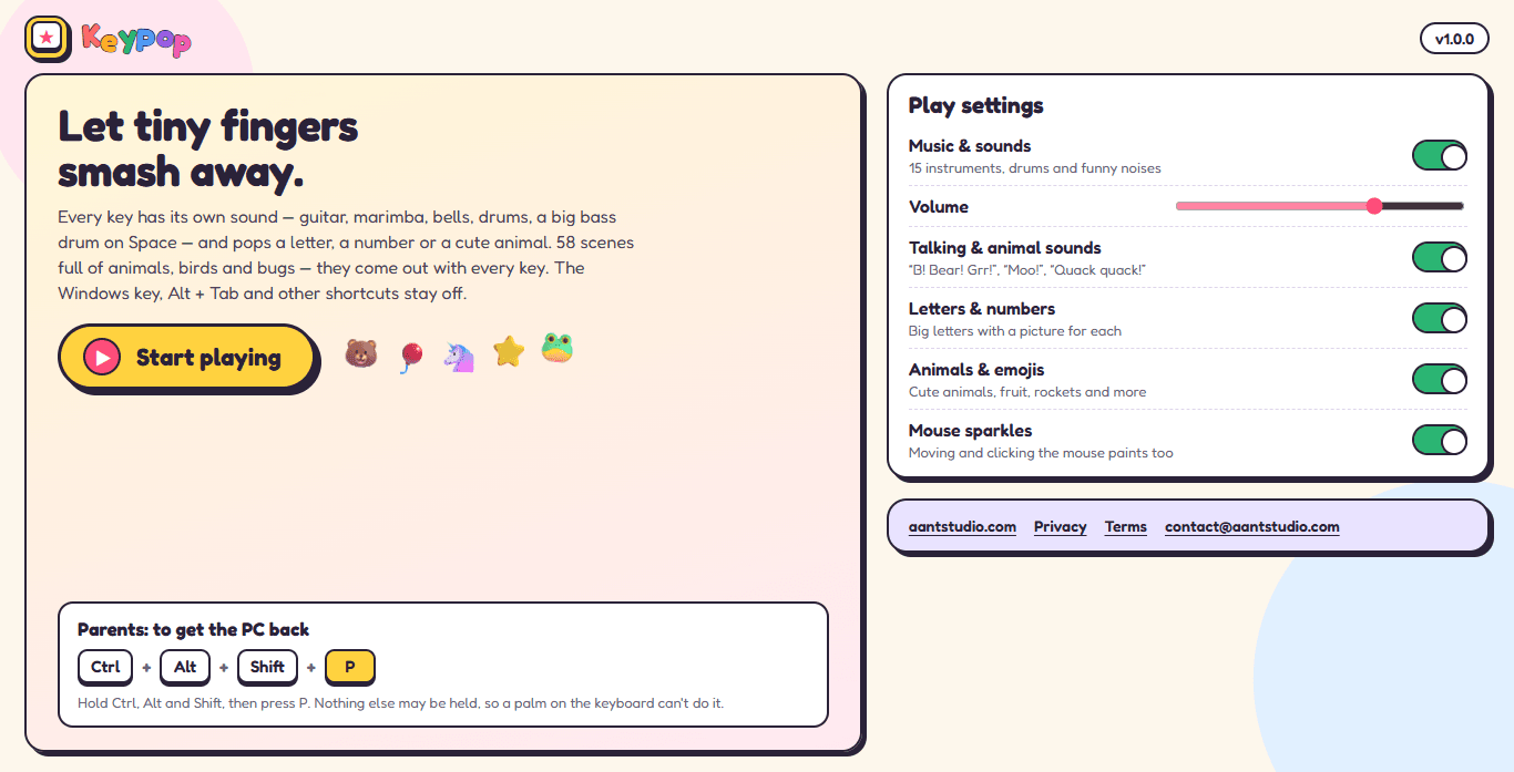 The KeyPop home screen with the Start playing button, the parents' exit keys and the play settings