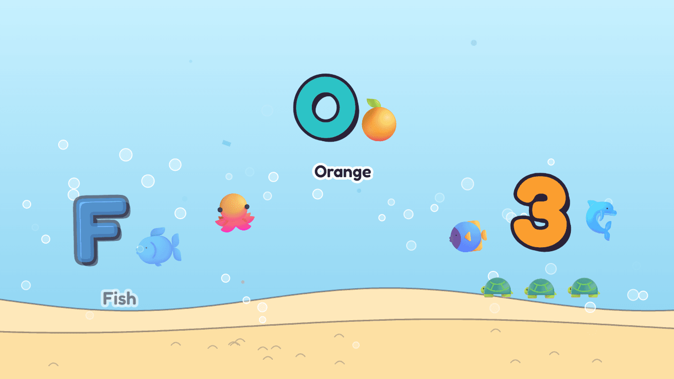 KeyPop under the sea: an F with a fish, an O with an orange and a 3 with three turtles