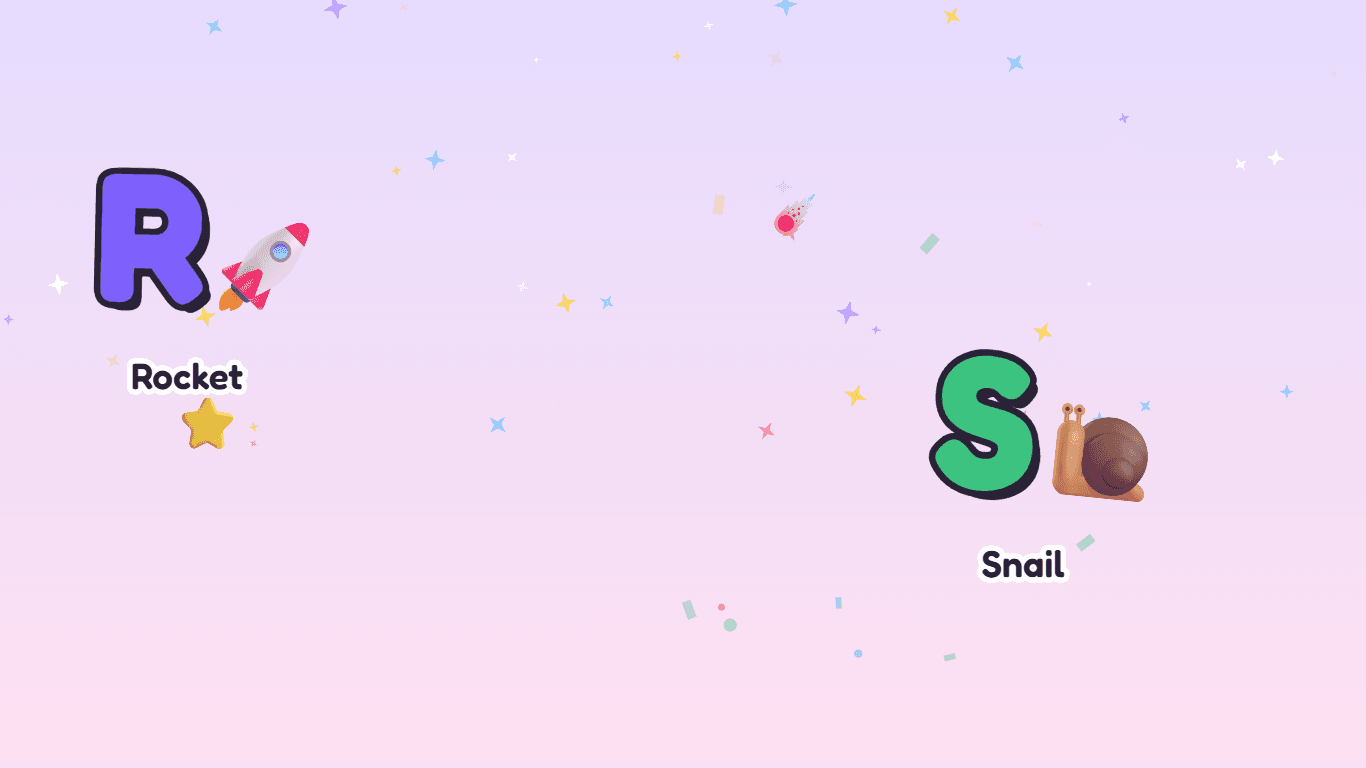 KeyPop in outer space: an R with a rocket, an S with a strawberry and twinkling stars