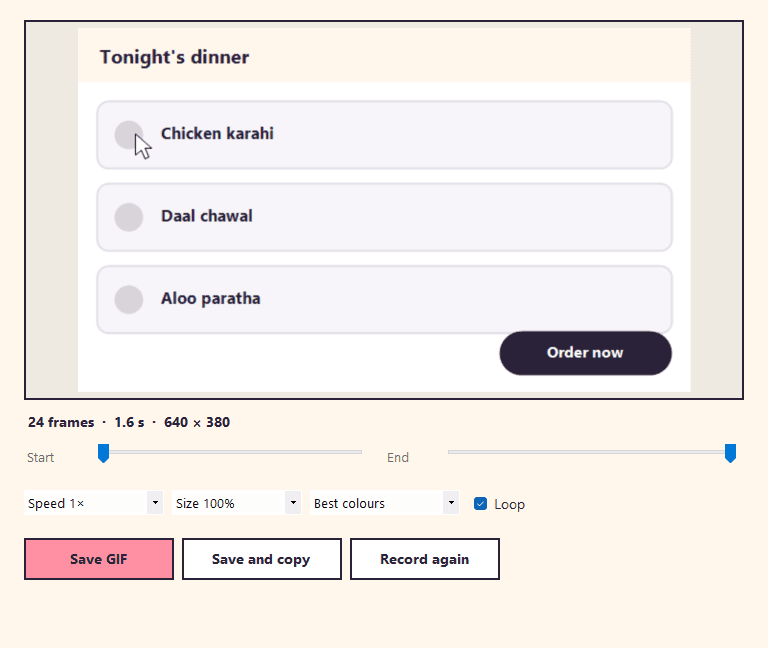 The Lamha editor with a preview of the recording, trim sliders, speed, size and colour options, and Save buttons