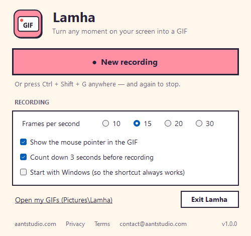 The Lamha window and its options