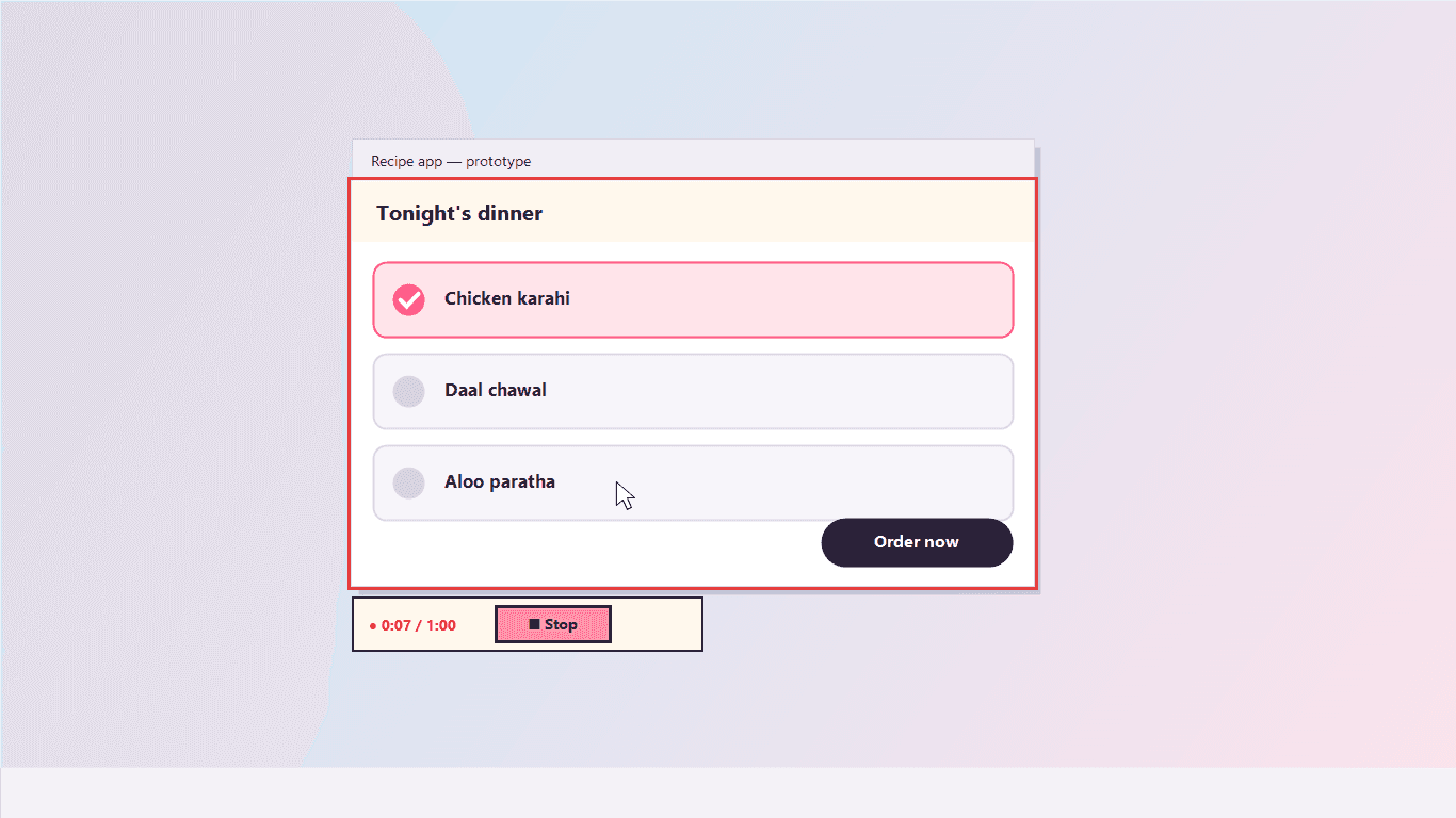 A red outline around a recipe app being recorded, with a small bar underneath showing 0:07 and a Stop button