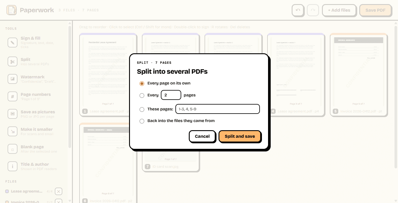 The split options over pages stamped CONFIDENTIAL and numbered